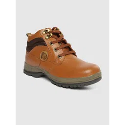 Red Chief Men Tan Brown Textured Leather Mid-Top Sneakers