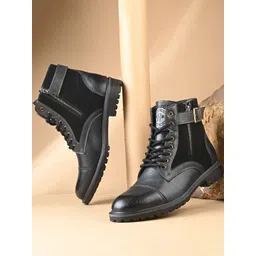 Roadster Men Black Causal Solid Biker Round Toe Rugged Synthetic Lace-Ups Boots