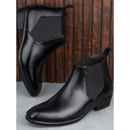 Roadster Men Black Mid Top Square Toe Synthetic Slip On Chelsea Boots