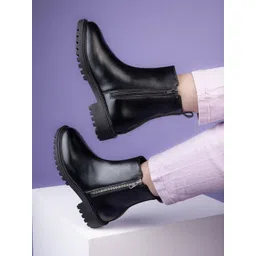 Roadster Women Black Solid Round Toe Block Heels Synthetic Chunky Boots