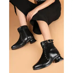 Roadster Women Black Solid Square Toe High-Top Studded Block Heel Chelsea Boots