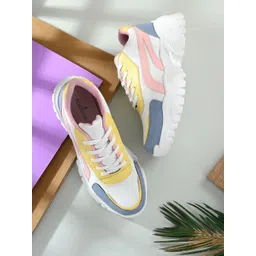 Roadster Women White and Yellow Colourblocked Synthetic Leather Sneakers