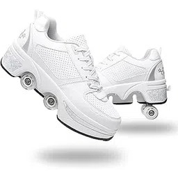 Roller Skate Shoes for Women Four Rounds Children's Roller Skates Shoes That Turn into Rollerskates Sneakers Outdoor Light Shoes with Wheels for Girls/Boys