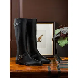 Saint G Black Crust Leather Buckle Knee High Boots