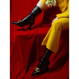 Saint G Black Leather Chain Detail Mid-Top Regular Heeled Boots