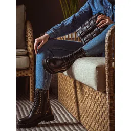 Saint G Black Metal Studs Lace Up High Ankle Leather Boots