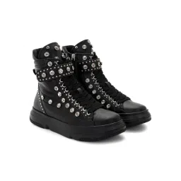 Saint G Black Pu Coated Leather and Glass Stud Women Sneaker