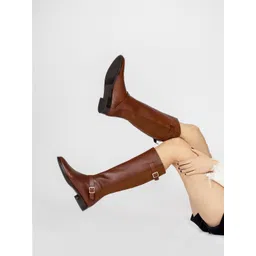 Saint G Brown Cuoio Crust Leather Buckle Decor Knee High Boots