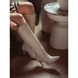 Saint G White Croco-Skin Textured Leather High-Top Heeled Boots