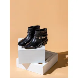 Saint G Women Black Embellished Strap Leather Ankle Boots