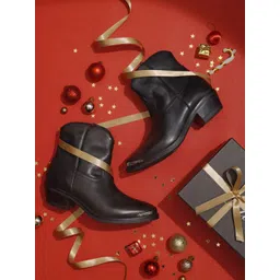 Saint G Women Black Solid Leather Ankle Boots