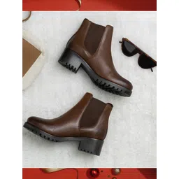 Saint G Women Brown Solid Leather Heeled Ankle Boots