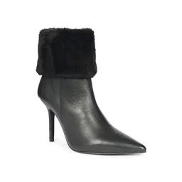 Saint G Women Leather Pointed-Toe Stiletto-Heeled Fur Cuff Winter Boots