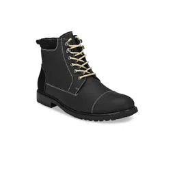 San Frissco Men Black & Grey Colourblocked Leather Boots