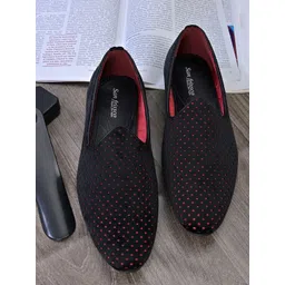 San Frissco Men Black Woven Design Ophelia Black-Red Faux Leather Slip-On Sneakers
