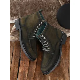 San Frissco Men Olive Green Faux Leather Lightweight Flat Boots