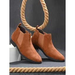 San Frissco Men Tan Brown Solid Suede Leather Slip On Casual Chelsea Boots