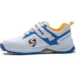 SG Unisex-Child Century 6.0 Rubber Spikes Cricket Shoes, White/Royal Blue/Orange