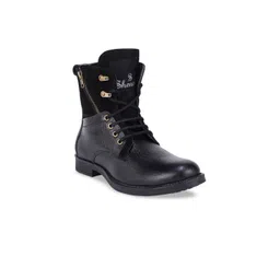 SHENCES Men Black Colourblocked Genuine Leather High-Top Flat Boots