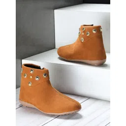 Shezone Women Tan Embellished Flat Boots