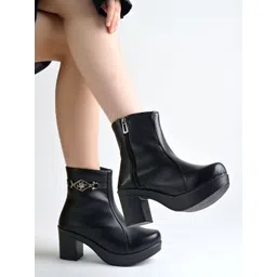 Shoetopia Black Platform Ankle Boots with Sparkle Buckle For Women & Girls Boots For Women