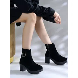 Shoetopia Black Suede Platform Ankle Boots For Women & Girls Boots For Women