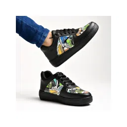 Shoetopia Lace-up Printed Detail Black Sneakers