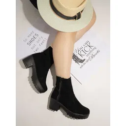 Shoetopia Women Black Suede High-Top Block Heeled Boots