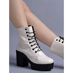 Shoetopia Women Cream Lace-Up Combat Boots