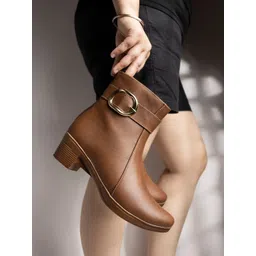 Shoetopia Women Tan-Coloured  Solid Heeled Regular Boots