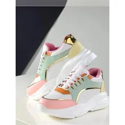 Shozie Women White & Green Colourblocked Lace Ups Synthetic Sneakers