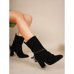 SHUZ TOUCH Women Fringed Block-Heeled Nubuck Chunky Boots