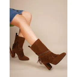 SHUZ TOUCH Women Fringed Block-Heeled Nubuck Chunky Boots