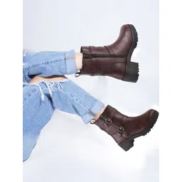 SHUZ TOUCH Women Heeled Buckle Detail Mid-Top Chunky Boots