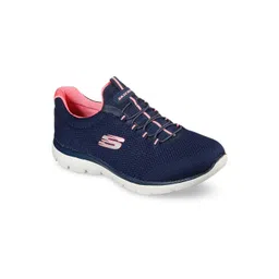 Skechers Women Navy Blue & Pink Woven Design Sneakers