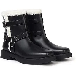 Slays Fur Lining Mid-Calf Cowboy Boots For Women|Comfortable and Stylish High Ankle Flat Platform Heel|Faux Leather|Casual,Formal Wear for Winter