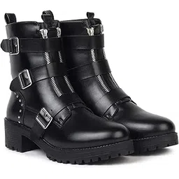 Slays Multi-Strap & Studs Combat Mid Calf Platform Boots for Women | Comfortable and Stylish|High Ankle with Low Block Heel | Casual,Formal Wear for Winter