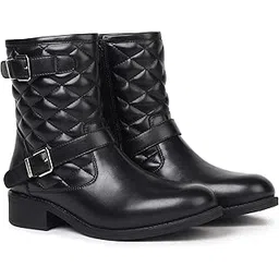 Slays Quilted Buckle Mid-Calf Platform Boots for Women | Comfortable and Stylish|High Ankle with Low Block Heel | Casual,Formal Wear for Winter BOOT 117