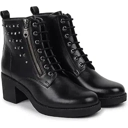 Slays Studded Combat Ankle Length Heeled Biker Boots for Women|Lace Up, Comfortable and Stylish with Block Heel|Casual,Riding, Formal Wear for Winter