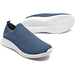 Slip-On Knit Sneakers – Navy Blue Mesh Fabric, Lightweight Walking Shoes with White Platform Sole, Casual Athletic Comfort Footwear (Size-6)