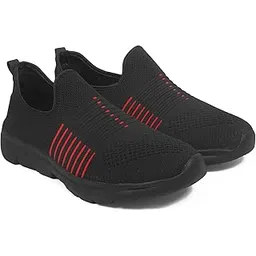 Slip-on Mesh Walking Shoes, Black with Red Stripes, Breathable Knit Fabric, Lightweight Casual Sneakers