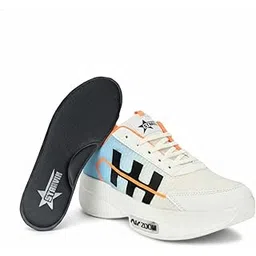 Sneakers, White Blue Orange, Lace-Up Sports Shoes with Memory Foam Insole