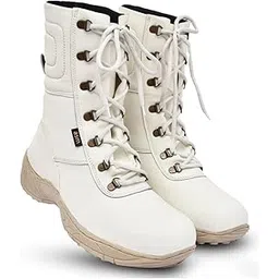 SNOW BOOTS : White Leather Waterproof 10 Inches Long Boots with Memory foam footpad. Article -704waterproof