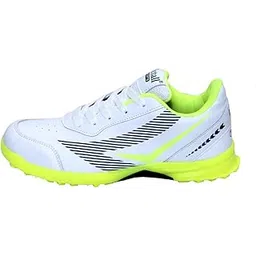 Sports Cricket Shoes for Men and Boys, White with Neon Yellow Trim, Lightweight PU Upper, Lace-Up Style, High Top Athletic Footwear