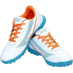 Sports Cricket Shoes for Men and Boys, White with Sky Trim, Lightweight PU Upper, Lace-Up Style, High Top Athletic Footwear