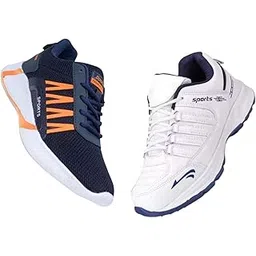 Sports Running Shoes for Men, Navy Blue and White, Mesh Athletic Sneakers with Orange Accents, Lace-up Training Footwear Combo Pack of 2