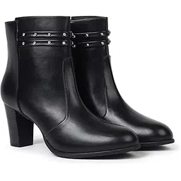 Stellar Studs Ankle Length Heeled Boots For Women|Comfortable and Stylish with Low Block Heel|Faux Leather|Casual,Formal Wear for Winter