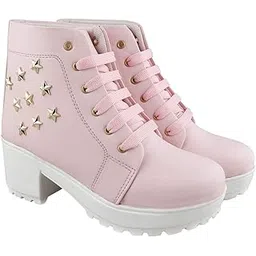 Studded Star Block Heel Women's Boots- Premium Synthetic Leather Footwear with Fashionable Buckle Embellishment