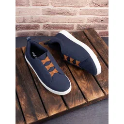 Styli Men Navy Blue Round Toe Contrast Stretch Lace Canvas Sneakers