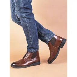 Styli Men Tan Round Toe Lace Up Chelsea Boots